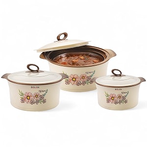 rolon seasons insulated casserole set  700ml 1150ml 1850ml  floral print hot pot with lid  food grade thermoware for kitchen amp serving - brown