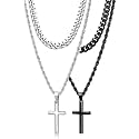 Romass 4Pcs Cross Necklace for Men Teen Boys,Stainless Steel Chains for Men Layered Necklaces Silver Gold Black Pendant Jewelry Box Gifts 18-24 Inches