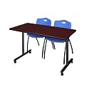 Romig Axis-Pro 48 x 24 in. Mobile T-Base Training Table- Mahogany, 2 M Stack Chairs- Blue