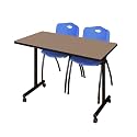 Romig Axis-Pro 48 x 24 in. Mobile T-Base Training Table- Noble Oak, 2 M Stack Chairs- Blue