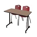 Romig Axis-Pro 48 x 24 in. Mobile T-Base Training Table- Noble Oak, 2 M Stack Chairs- Burgundy