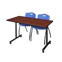 Romig Axis-Pro 48 x 24 in. Mobile T-Base Training Table- Cherry, 2 M Stack Chairs- Blue