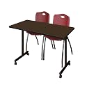 Romig Axis-Pro 48 x 24 in. Mobile T-Base Training Table- Neo Walnut, 2 M Stack Chairs- Burgundy