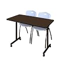 Romig Axis-Pro 48 x 24 in. Mobile T-Base Training Table- Neo Walnut, 2 M Stack Chairs- Grey
