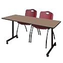 Romig Axis-Pro 60 x 24 in. Mobile T-Base Training Table- Noble Oak, 2 M Stack Chairs- Burgundy