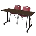 Romig Axis-Pro 60 x 24 in. Mobile T-Base Training Table- Neo Walnut, 2 M Stack Chairs- Burgundy