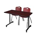 Romig Axis-Pro 48 x 24 in. Mobile T-Base Training Table- Mahogany, 2 M Stack Chairs- Burgundy