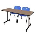 Romig Axis-Pro 60 x 24 in. Mobile T-Base Training Table- Noble Oak, 2 M Stack Chairs- Blue