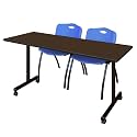 Romig Axis-Pro 60 x 24 in. Mobile T-Base Training Table- Neo Walnut, 2 M Stack Chairs- Blue