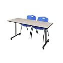 Romig Axis-Pro 60 x 24 in. Mobile T-Base Training Table- Maple, 2 M Stack Chairs- Blue