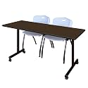 Romig Axis-Pro 60 x 24 in. Mobile T-Base Training Table- Neo Walnut, 2 M Stack Chairs- Grey