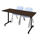 Romig Axis-Pro 66 x 24 in. Mobile T-Base Training Table- Neo Walnut, 2 M Stack Chairs- Grey