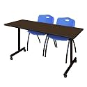 Romig Axis-Pro 66 x 24 in. Mobile T-Base Training Table- Neo Walnut, 2 M Stack Chairs- Blue