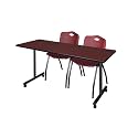 Romig Axis-Pro 72 x 24 in. Mobile T-Base Training Table- Mahogany, 2 M Stack Chairs- Burgundy