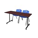 Romig Axis-Pro 72 x 24 in. Mobile T-Base Training Table- Mahogany, 2 M Stack Chairs- Blue