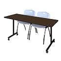 Romig Axis-Pro 72 x 24 in. Mobile T-Base Training Table- Neo Walnut, 2 M Stack Chairs- Grey