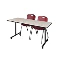 Romig Axis-Pro 72 x 24 in. Mobile T-Base Training Table- Maple, 2 M Stack Chairs- Burgundy