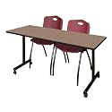 Romig Axis-Pro 72 x 24 in. Mobile T-Base Training Table- Noble Oak, 2 M Stack Chairs- Burgundy