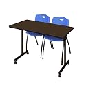 Romig Axis-Pro 48 x 24 in. Mobile T-Base Training Table- Neo Walnut, 2 M Stack Chairs- Blue