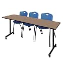 Romig Axis-Pro 84 x 24 in. Mobile T-Base Training Table- Noble Oak, 2 M Stack Chairs- Blue