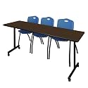 Romig Axis-Pro 84 x 24 in. Mobile T-Base Training Table- Neo Walnut, 2 M Stack Chairs- Blue