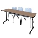 Romig Axis-Pro 84 x 24 in. Mobile T-Base Training Table- Noble Oak, 2 M Stack Chairs- Grey