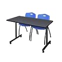 Romig Axis-Pro 48 x 24 in. Mobile T-Base Training Table- Grey, 2 M Stack Chairs- Blue