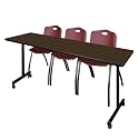 Romig Axis-Pro 84 x 24 in. Mobile T-Base Training Table- Neo Walnut, 2 M Stack Chairs- Burgundy