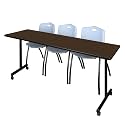 Romig Axis-Pro 84 x 24 in. Mobile T-Base Training Table- Neo Walnut, 2 M Stack Chairs- Grey