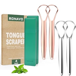 ronavo tongue cleaner family set-tongue scraper for adults 4 pc metal tongue scraper rustproof travel cases included reduce bad breath tounge scrappers oral care easy to use amp wash 2 colors