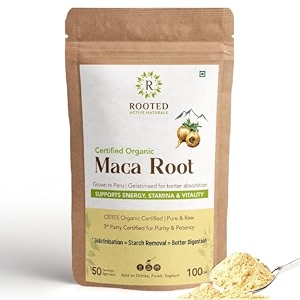 rooted active39s organic maca root powder - peruvian superfood gelatinized for easy digestion traditionally used for energy and hormone balance certified organic 100 grams