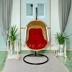 rope braided iron single seater swing chair with stand  stylish amp comfortable cushion amp hook outdoor indoor  balcony  garden  patio  living outdoor furniture creamred