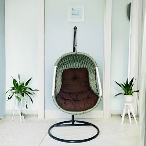 rope braided iron single seater swing chair with stand  stylish amp comfortable cushion amp hook outdoor indoor  balcony  garden  patio  living outdoor furniture greybrown