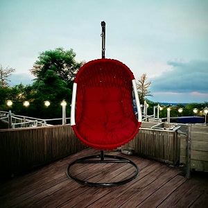 rope braided iron single seater swing chair with stand  stylish amp comfortable cushion amp hook outdoor indoor  balcony  garden  patio  living outdoor furniture red