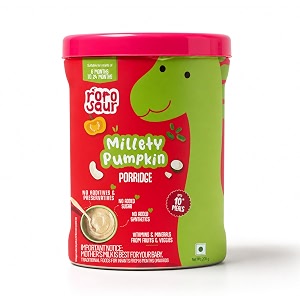 rorosaur millety pumpkin baby porridge mix for 6 months  made with ragi jowar rice moong amp masoor dal pumpkin dates amp banana amp coconut milk  fully gelatinized for easy digestion  100 natural vitamins no synthetics  no malt no salt no added sugar  10 meals 200g