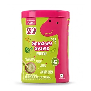 rorosaur spinachy grains baby porridge mix for 6 months  made with rice moong jowar spinach amp coconut milk  fully gelatinized for easy digestion  100 natural vitamins no synthetics  no malt no added sugar  10 meals 200g