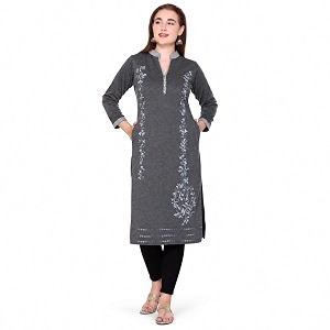 Rosary Womens Winter Woolen Kurti Embroidered Straight