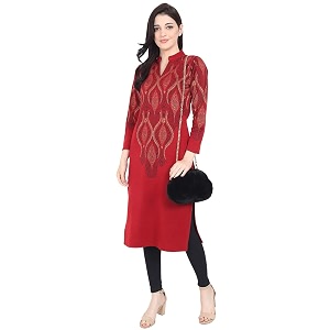 Rosary Womens Winter Woolen Kurti Embroidered Straight