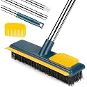 Roscoe 2-in-1 Bathroom Brush With Wiper - Long Handle Floor and Tile Scrub Brush for Kitchen, Grout, Cracks - Includes Hair Cleaning Comb and Rubber Scraper