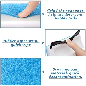 roscoe multifunctional double-sided glass sponge cleaning brush for mirror tile and bathroom - 2-in-1 window squeegee with wiper