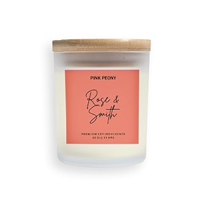 rose amp smith scented jar candle - pink peony  white frosted jar with wooden lid  pure soy wax  premium fragrance for gifting aromatherapy amp home decor
