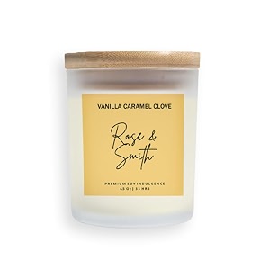 rose amp smith scented jar candle - vanilla caramel amp clove  white frosted jar with wooden lid  pure soy wax  premium fragrance for gifting aromatherapy amp home decor