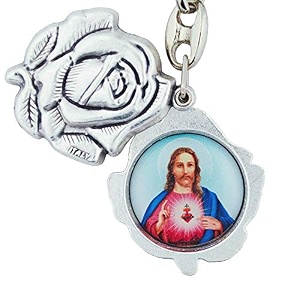 glorieux rose shaped pewter key chain with religious pictures inside  slides open  5 different sets of religious figures to chose from  great gift divine mercy  st michael