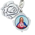 Glorieux Rose Shaped Pewter Key Chain with Religious Pictures Inside | Slides Open | 5 Different Sets of Religious Figures to Chose from | Great Gift (Divine Mercy | St Michael)