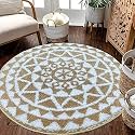 Roseate Persian Round Rug (120x120 cm) Microfibre 2000 GSM Rugs/Carpet for Living Room/Bedroom/Bathroom/Door Mat/Kitchen/Floor Mat (Beige &amp; White) Pack of 1
