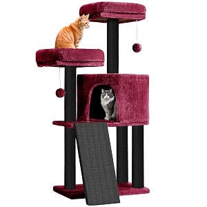rosebell cat tree tower for indoor cats with multiple platforms hanging toys and scratching posts  fun and safe climbing structure - wine color