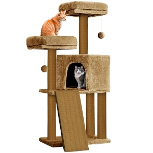 rosebell multi-level cat tree for indoor cats  soft plush condo with ramp dual platforms amp hanging toys  golden