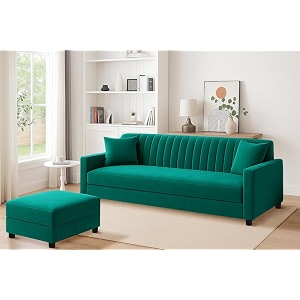 rosebell wooden sofa set with ottoman combo- 3 seater sofa set with matching ottoman for living room amp bedroom-green-color