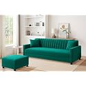 Rosebell Wooden Sofa Set with Ottoman Combo- 3 Seater Sofa Set with Matching Ottoman for Living Room &amp; Bedroom-Green-Color