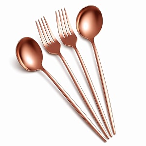 rosegold spoon and fork set  4-piece stainless steel cutlery set with round head spoons  modern flatware for dining gifting amp table decor  dishwasher safe amp rust resistant